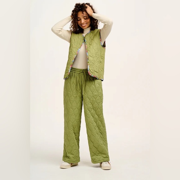 Lucy & Yak Women’s Pants Chester Quilted 100% Cotton Small Green Wide Leg - Picture 1 of 11